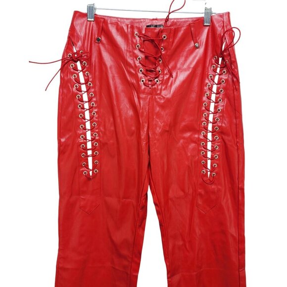 Red Lace-Up Womens Faux Leather Pants With Grommet Details & Flared Legs Size L - Picture 2 of 9
